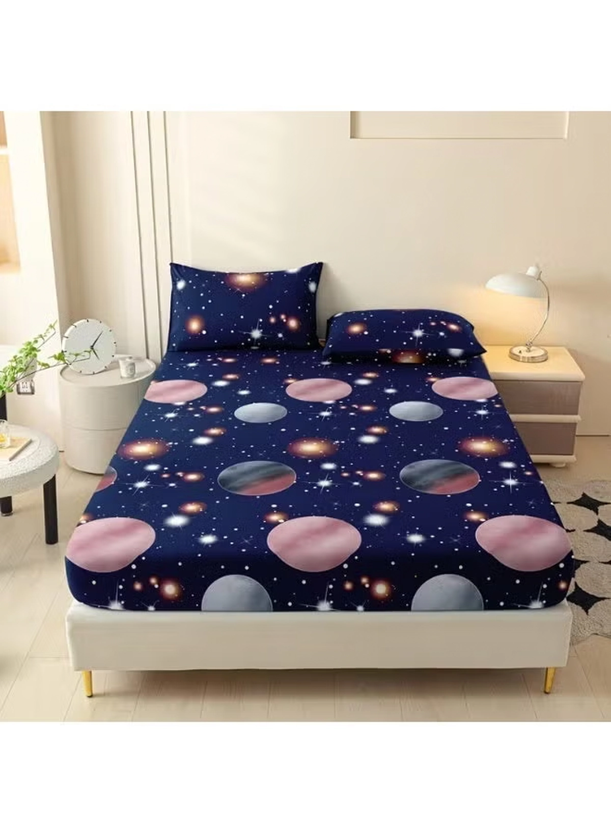 Eworld 3-Piece Fitted Bedsheet Set, Galaxy Design, 100% Cotton, 125 GSM, 1 Fitted Sheet + 2 Pillowcases, Available in King, Queen and Single Sizes-2-2