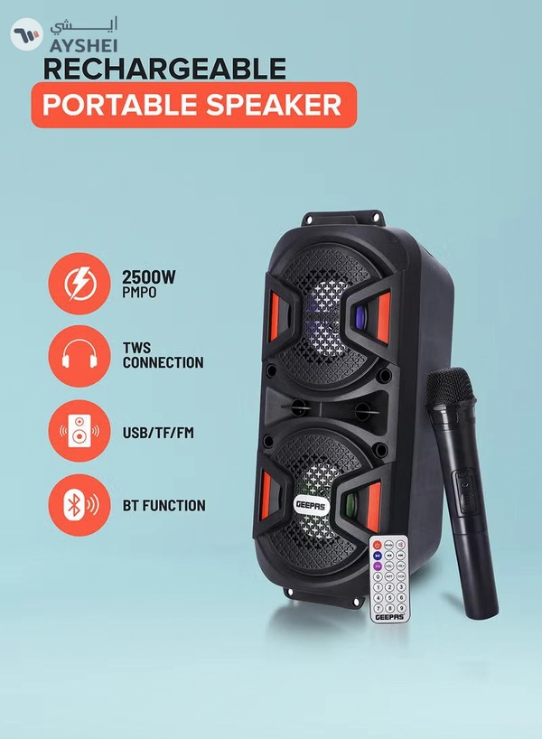 GEEPAS Rechargeable Portable Speaker, Portable Handle with 1500 MAH Huge Battery| TWS Connection & Compatible with BT/ USB/ AUX/ FM/ Micro SD | Ideal for Home, Hotels, Trips & Outdoor Use GMS11187 Black