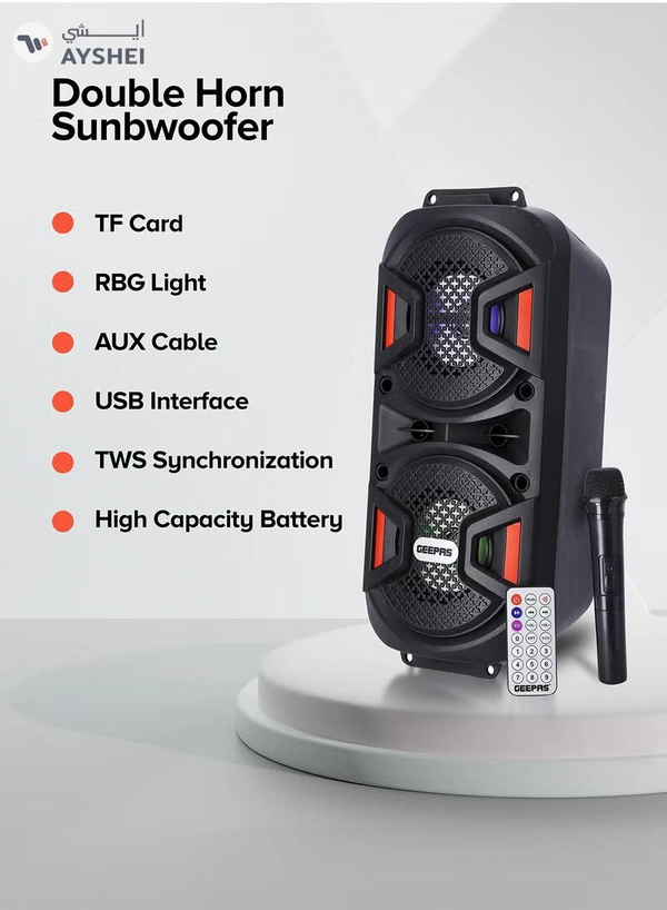 GEEPAS Rechargeable Portable Speaker, Portable Handle with 1500 MAH Huge Battery| TWS Connection & Compatible with BT/ USB/ AUX/ FM/ Micro SD | Ideal for Home, Hotels, Trips & Outdoor Use GMS11187 Black