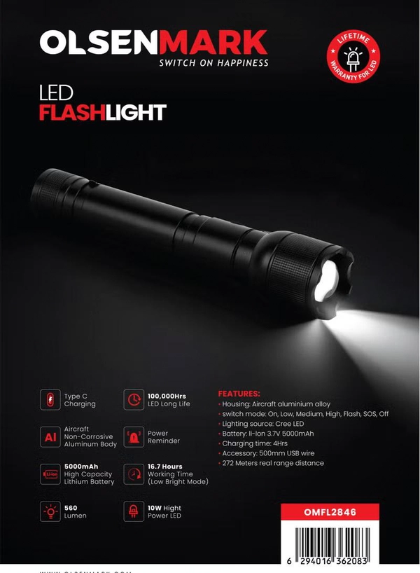Olsenmark 10W Cree LED Flashlight-OMFL2846 / with USB Wire, 560 Lumens, Type-C Charging, 16.7 Hours Working Time, 272 Meters Real Range Distance Made from Aircraft Aluminum Alloy, Different Switch Modes, High Capacity Lithium Battery , Life Time Warranty for LED