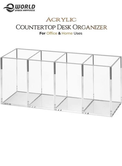 Eworld Acrylic Pen Holder 4 Compartments Pencil and Office Supplies Organizer for Desk Storage-0