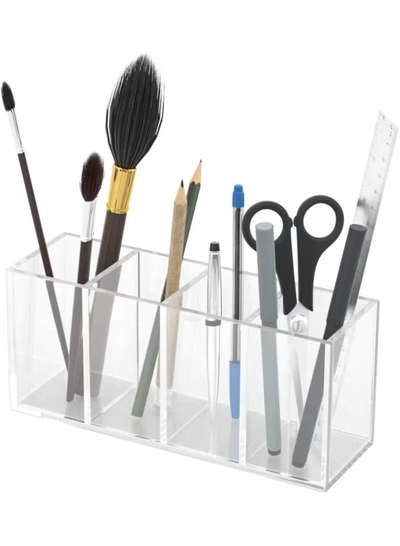 Eworld Acrylic Pen Holder 4 Compartments Pencil and Office Supplies Organizer for Desk Storage-1