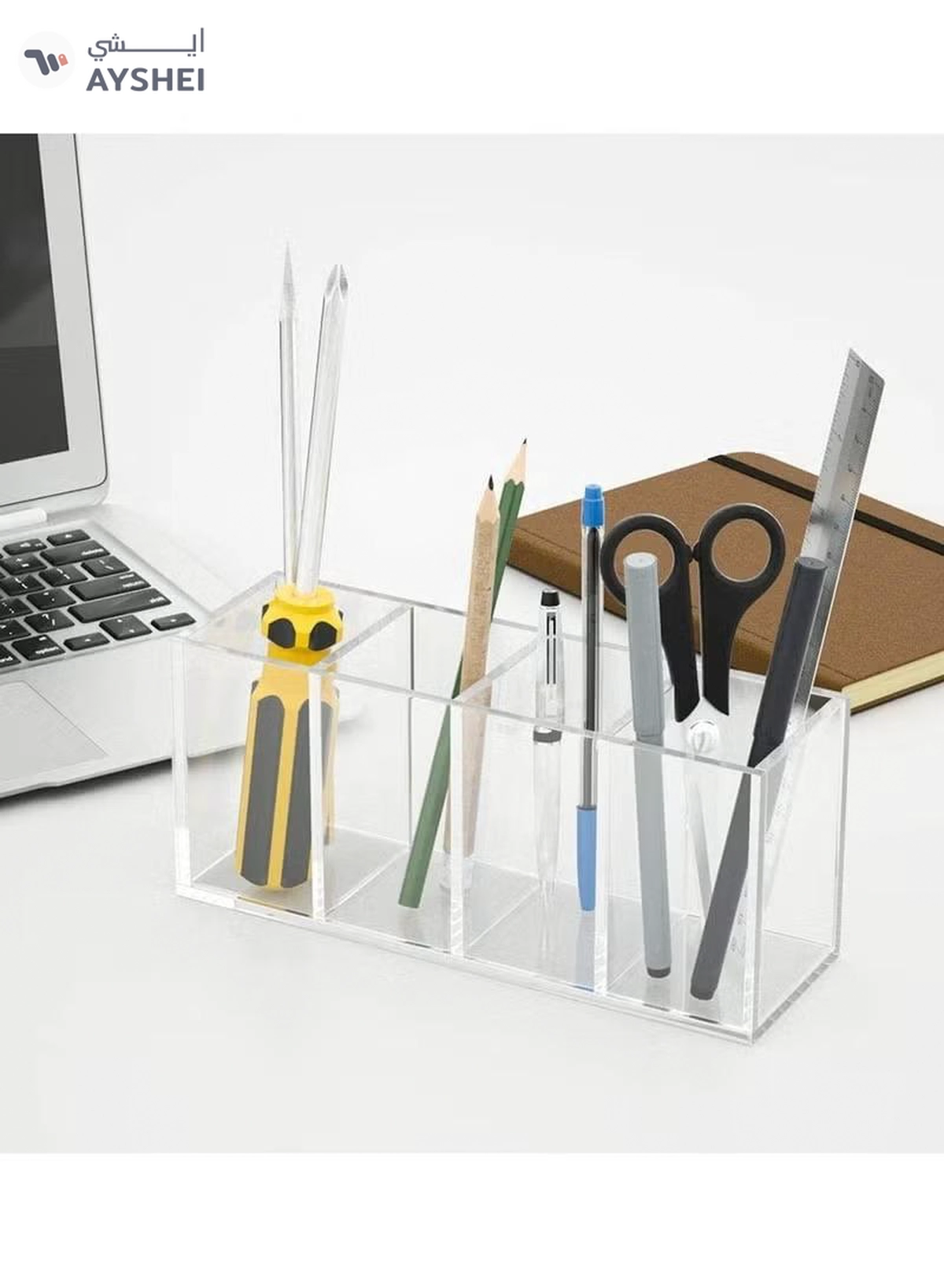 Eworld Acrylic Pen Holder 4 Compartments Pencil and Office Supplies Organizer for Desk Storage-3-3