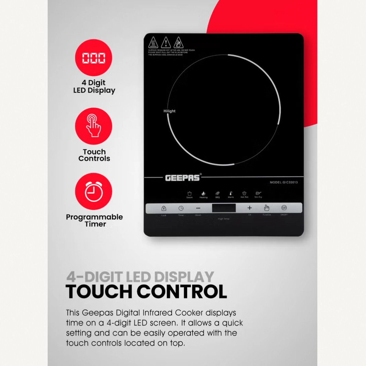 GEEPAS Digital Infrared Cooker With 2000W Ceramic Heating Element, 4 Digit LED Display, Touch Control-2-2