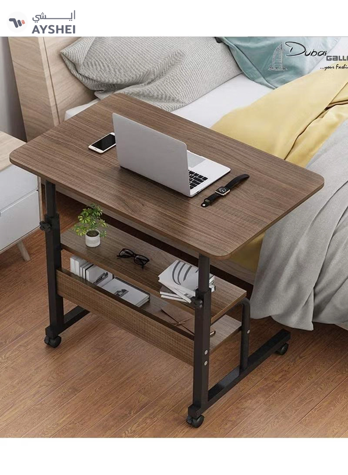 DubaiGallery Side Table Living Room Laptop Table Lazy Bedside Table Deluxe Laptop Computer Mobile Cart Overbed Table with Castors/Table/Stand Mobile Folding Table with Pulley, Tv Tables for Eating-1-1
