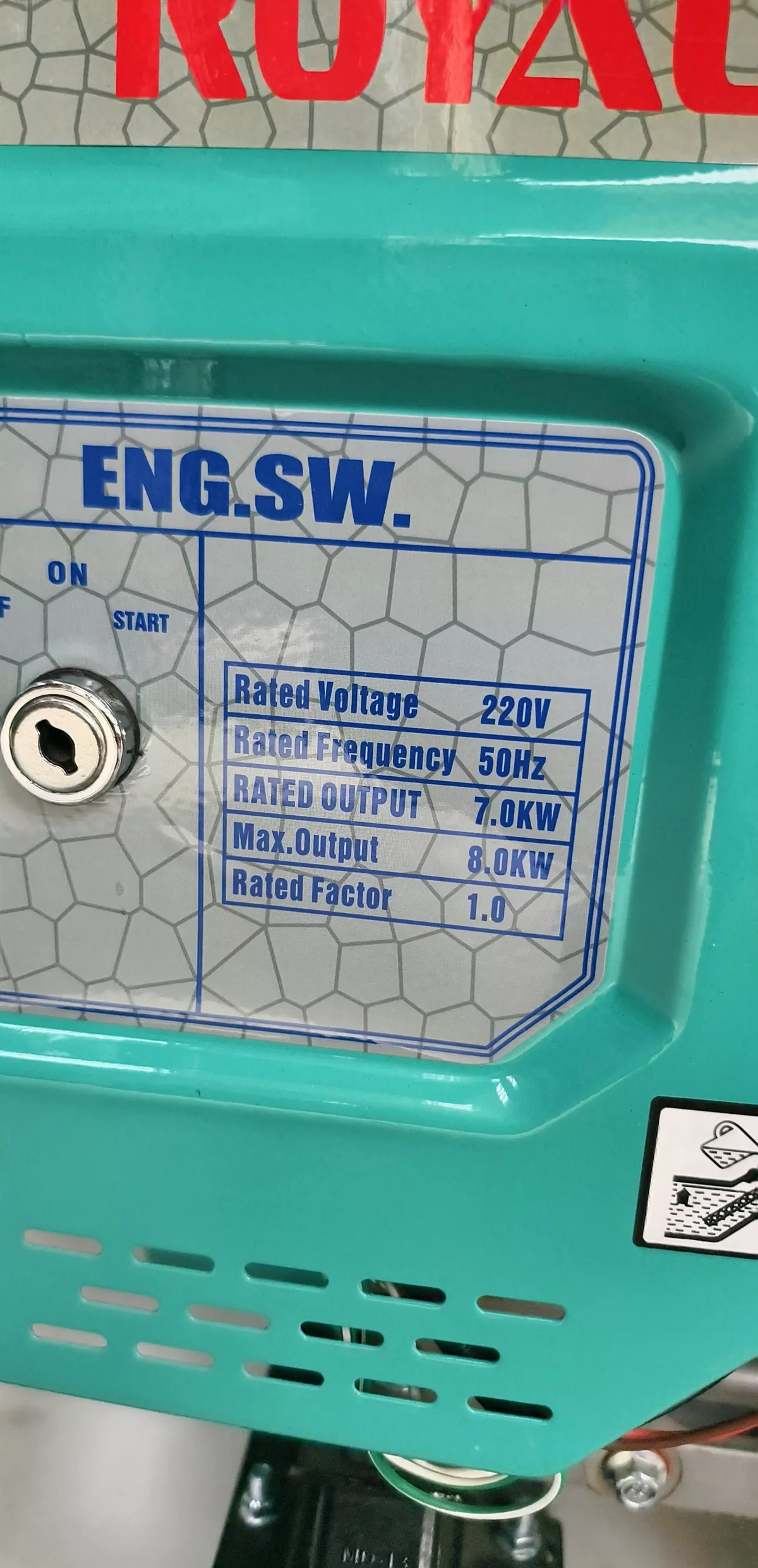 STARTRated VoltageRated FrequencyRATED OUTPUTMax.0utputRated Facton220V50Hz7.0KW8.0KW1.0-1-1