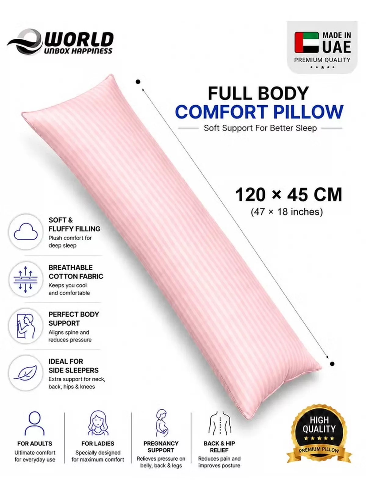 Eworld Premium Full Body Pillow for Adults, Ultra-Smooth Polyester Fiber, Breathable & Ideal for Side Sleepers, with Ultra-Soft Cotton Cover, Available in Multiple Colors, 120x45 cm