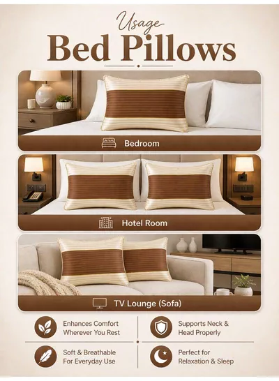 Pack of 2 Down Alternative Bed Pillows, 1250g Fill, Cotton Blend Cover, Hotel Quality, 50x75cm, Cream-Brown-2