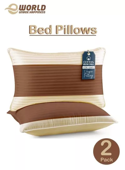 Pack of 2 Down Alternative Bed Pillows, 1250g Fill, Cotton Blend Cover, Hotel Quality, 50x75cm, Cream-Brown-3