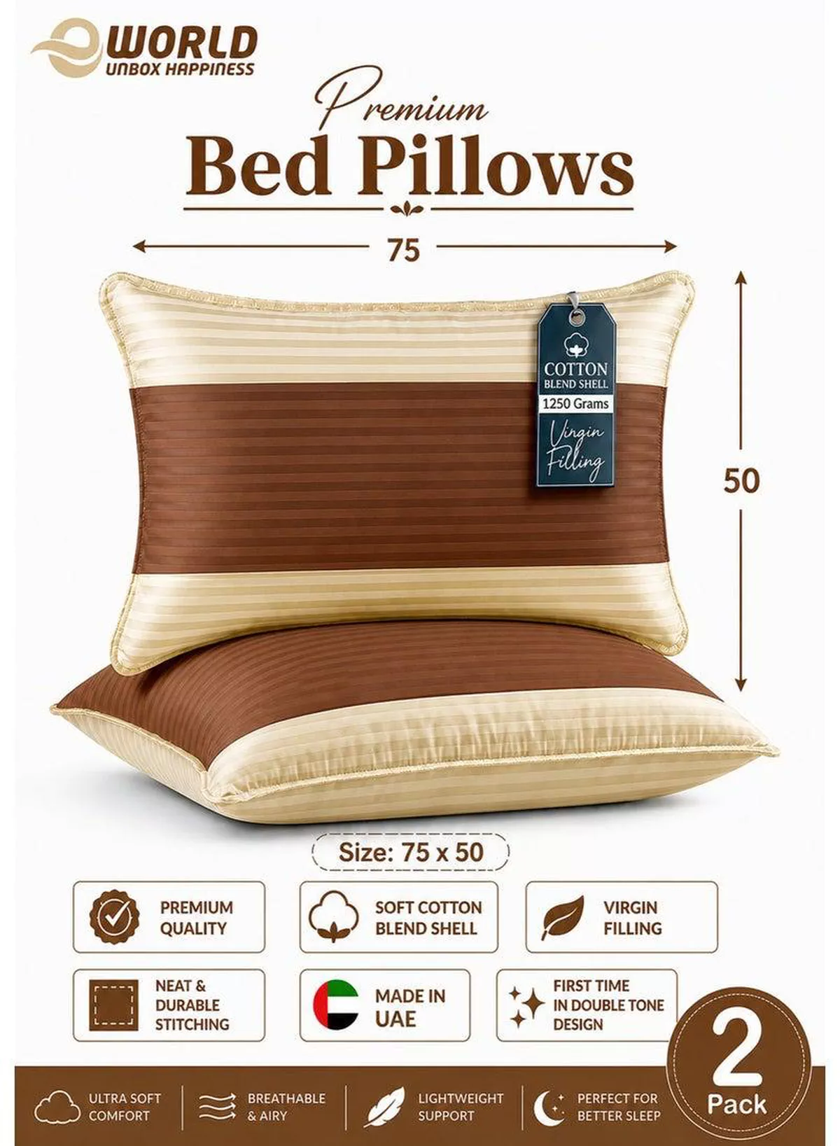 Pack of 2 Down Alternative Bed Pillows, 1250g Fill, Cotton Blend Cover, Hotel Quality, 50x75cm, Cream-Brown