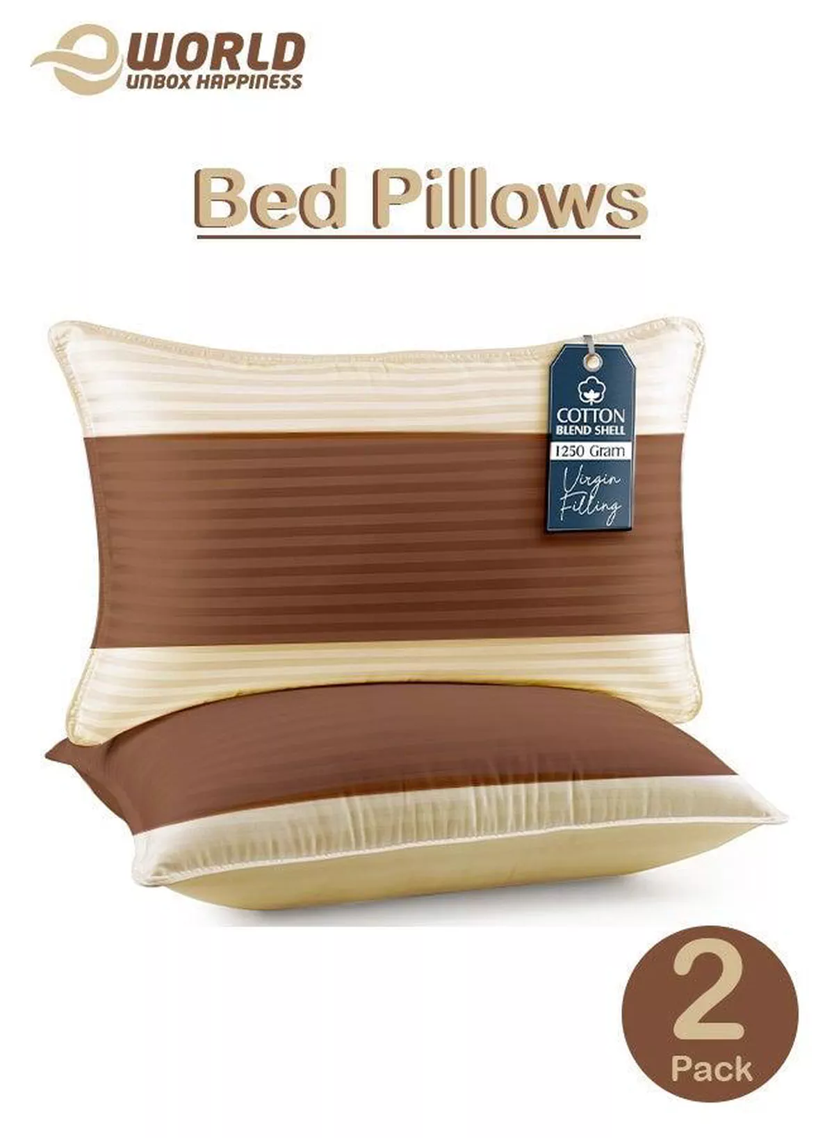 Pack of 2 Down Alternative Bed Pillows, 1250g Fill, Cotton Blend Cover, Hotel Quality, 50x75cm, Cream-Brown-3-3