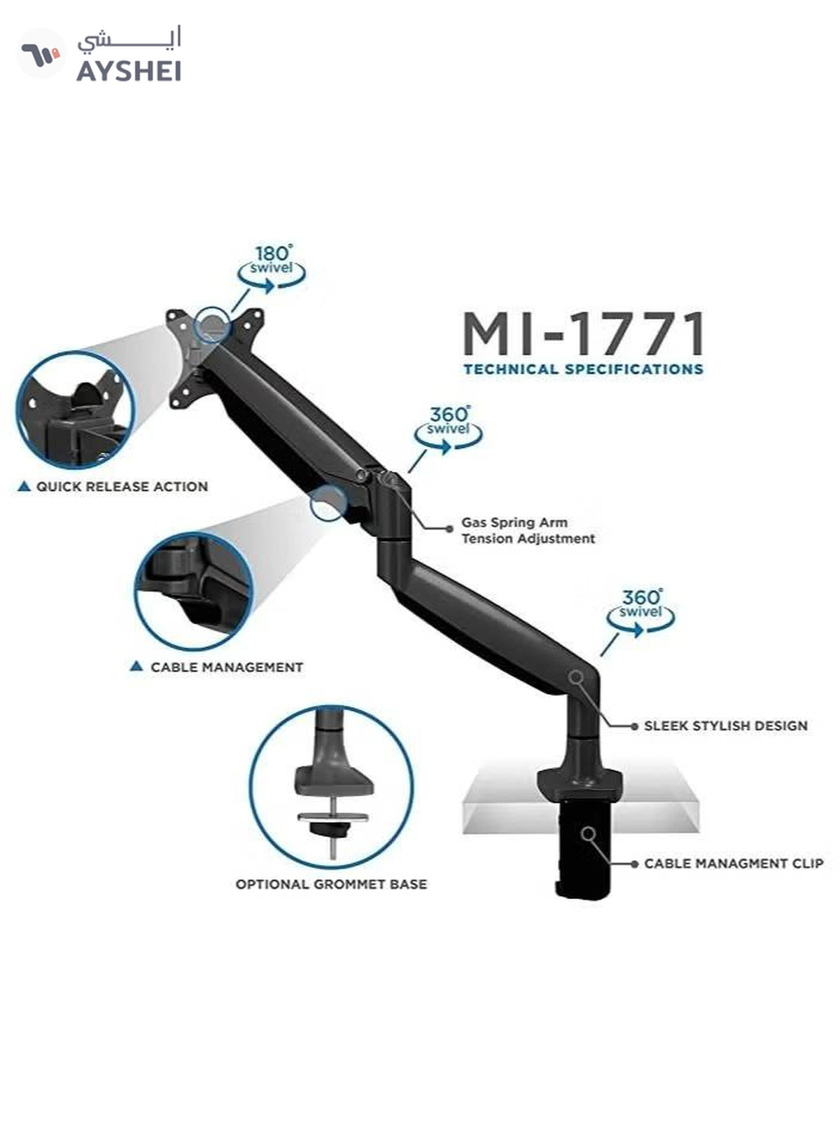 Eworld Single Monitor Arm Desk Mount with Gas Spring-2-2