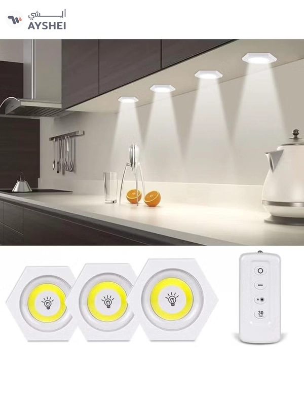 Yuwell Pack Of 3 Pcs LED Wall Light with Remote Wireless LED Cabinet Light With Adjustable Brightness and Timer Function Suitable For Kitchen, Bedroom, Study Room