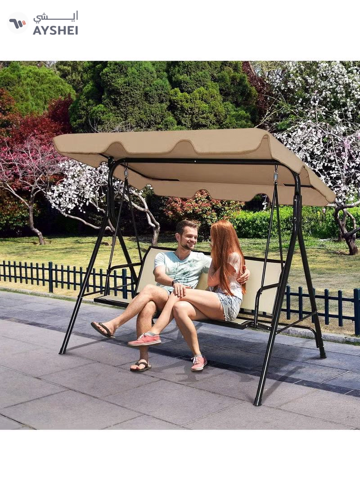 DubaiGallery Swing Chair Garden Swing Seat with Adjustable Canopy, Hanging Hammock Chair for Indoor Outdoor Garden Beige-3-3