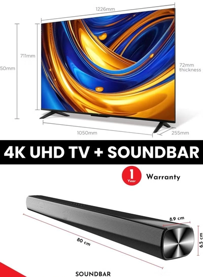 TCL 55-Inch P655 UHD LED 4K Smart TV + 2.0 Channel Premium Soundbar | [Google TV, AiPQ Processor, 60Hz, HDR10, Metallic Bezel-less body] + [HDMI (ARC), USB, Bluetooth, FM Station, Aux] - (2024 Model) 55P655+SOUNDBAR Black-1