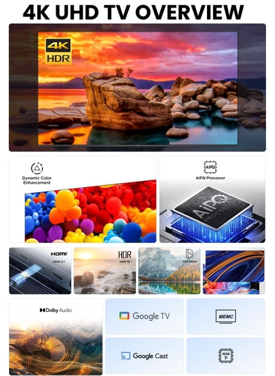 TCL 55-Inch P655 UHD LED 4K Smart TV + 2.0 Channel Premium Soundbar | [Google TV, AiPQ Processor, 60Hz, HDR10, Metallic Bezel-less body] + [HDMI (ARC), USB, Bluetooth, FM Station, Aux] - (2024 Model) 55P655+SOUNDBAR Black-4