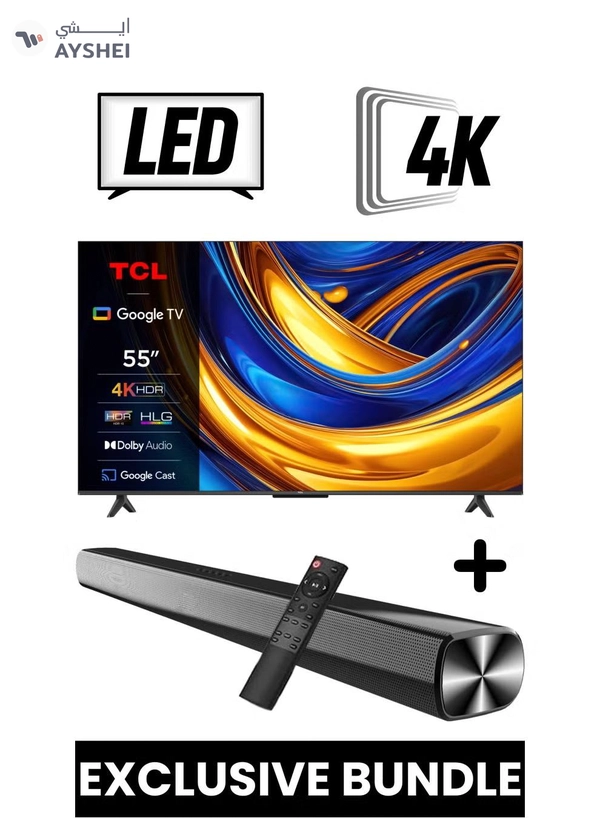 TCL 55-Inch P655 UHD LED 4K Smart TV + 2.0 Channel Premium Soundbar | [Google TV, AiPQ Processor, 60Hz, HDR10, Metallic Bezel-less body] + [HDMI (ARC), USB, Bluetooth, FM Station, Aux] - (2024 Model) 55P655+SOUNDBAR Black