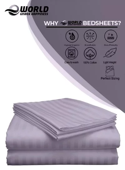 3 Piece Luxury Purple Striped Bed Sheet Set with 1 Flat Sheet and 2 Pillowcases for Hotel and Home Crafted from Ultra Soft and Breathable Microfiber for Year-Round Comfort, (Single/Double)-3
