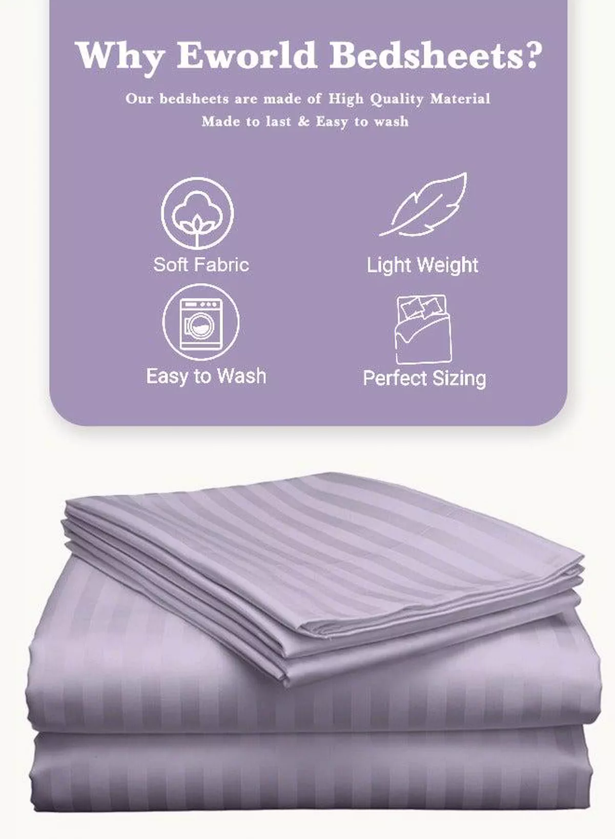 3 Piece Luxury Purple Striped Bed Sheet Set with 1 Flat Sheet and 2 Pillowcases for Hotel and Home Crafted from Ultra Soft and Breathable Microfiber for Year-Round Comfort, (Single/Double)-2-2