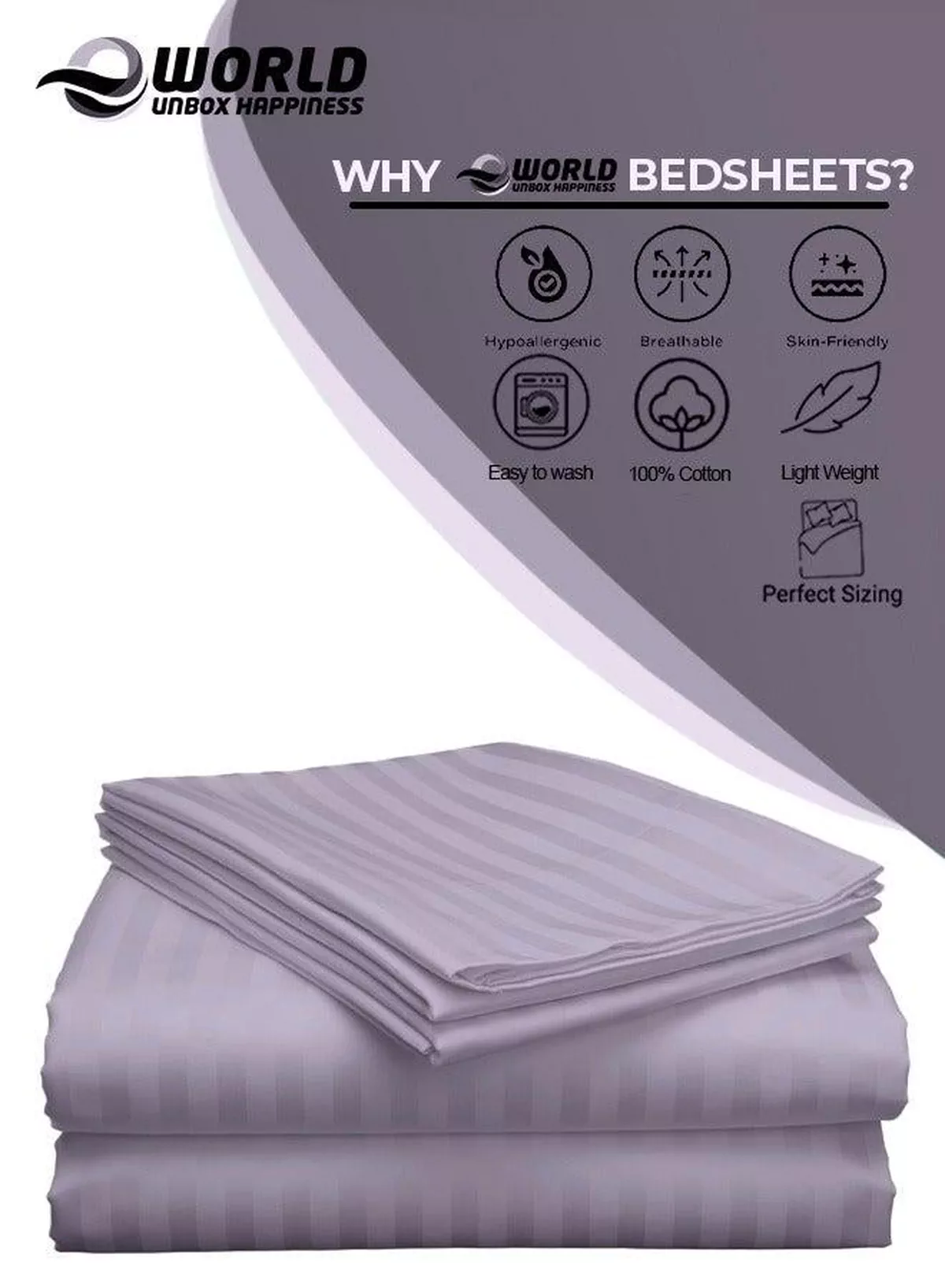 3 Piece Luxury Purple Striped Bed Sheet Set with 1 Flat Sheet and 2 Pillowcases for Hotel and Home Crafted from Ultra Soft and Breathable Microfiber for Year-Round Comfort, (Single/Double)-3-3