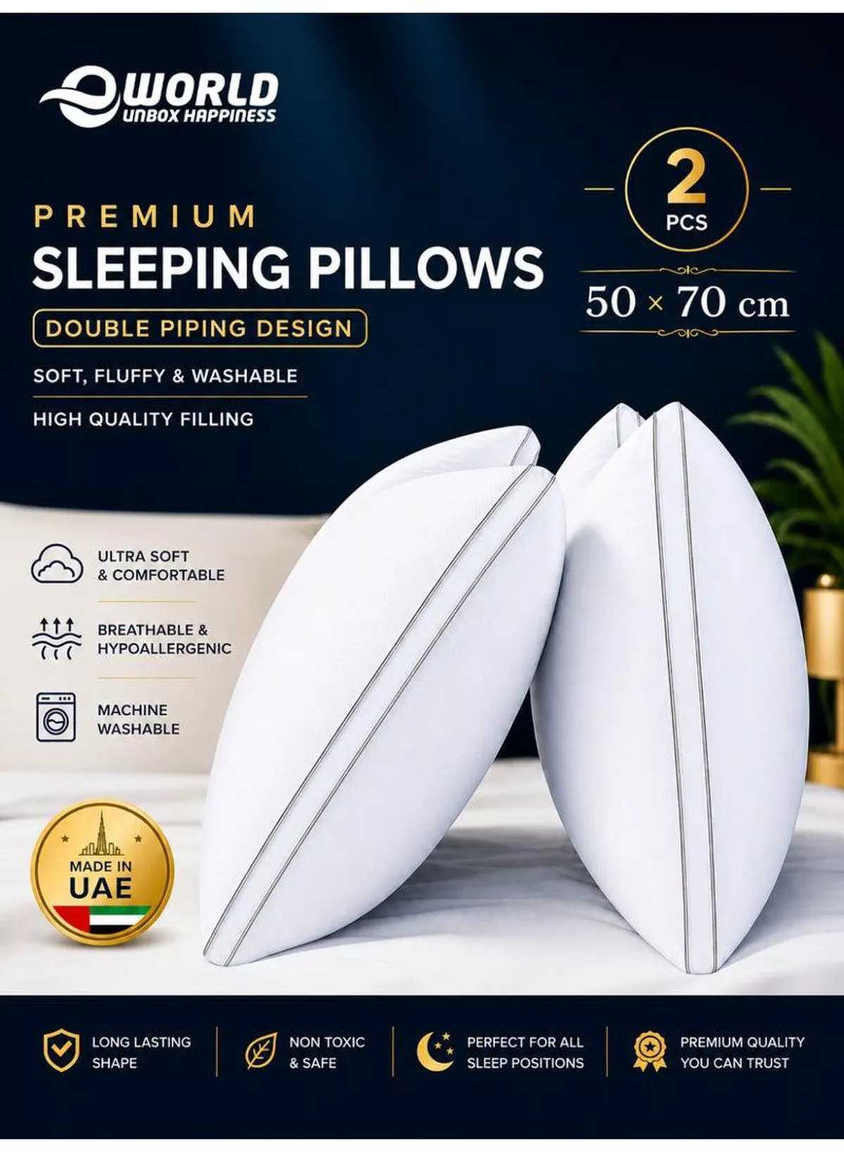 Set of 2 Premium Hotel-Quality Pillows, Crafted with Firm, Supportive Gusseted Design & Double Piping, Ideal for Side & Back Sleepers, Enjoy Cooling Down Alternative Fill for Luxurious Fluffy Softness