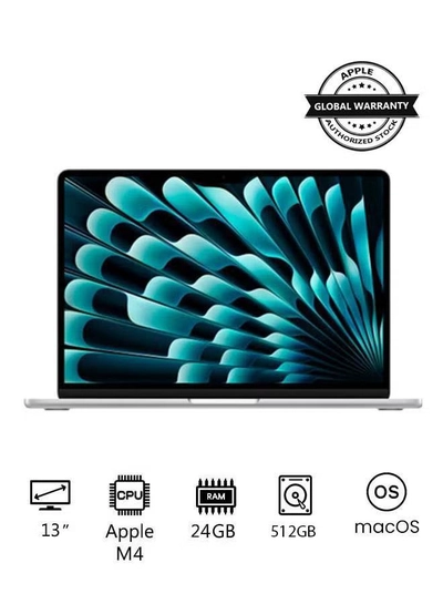 Apple New 2025 MacBook Air MC654 13-Inch Display, Apple M4 Chip 10-Core CPU 10-Core GPU Processor/24GB RAM/512GB SSD/macOS English/Arabic Silver-0