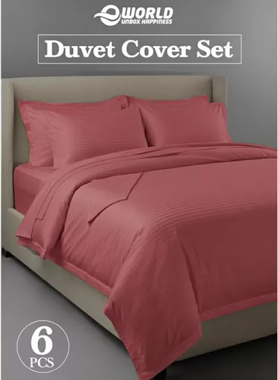 Eworld Premium Striped Duvet Set All Season – 6-Pieces Set Dusty Rose | King Size 220x240 cm | Ultra-Soft, Wrinkle-Resistant & Made in Dubai | Includes Duvet Cover, Fitted Sheet (200x200 cm) & 4 Pillowcases (50x70 cm)-0
