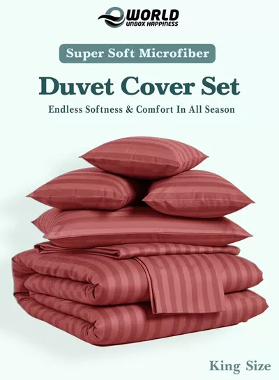 Eworld Premium Striped Duvet Set All Season – 6-Pieces Set Dusty Rose | King Size 220x240 cm | Ultra-Soft, Wrinkle-Resistant & Made in Dubai | Includes Duvet Cover, Fitted Sheet (200x200 cm) & 4 Pillowcases (50x70 cm)-2