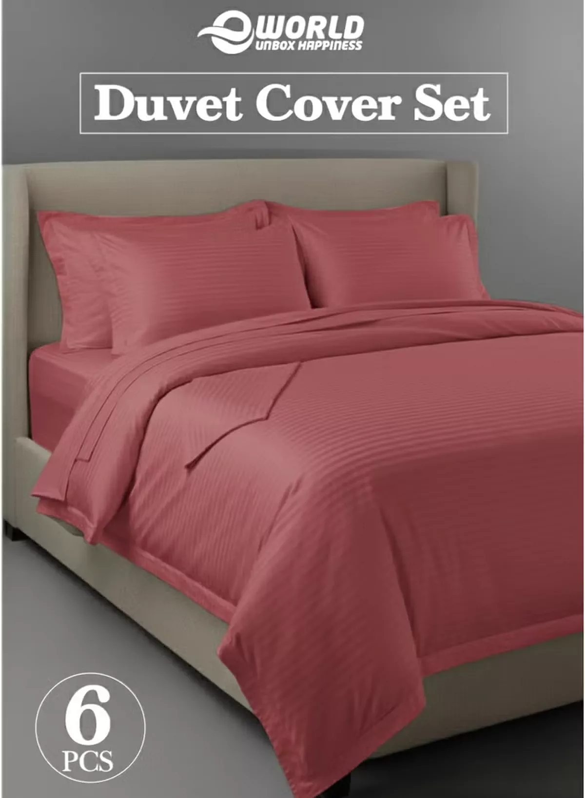 Eworld Premium Striped Duvet Set All Season – 6-Pieces Set Dusty Rose | King Size 220x240 cm | Ultra-Soft, Wrinkle-Resistant & Made in Dubai | Includes Duvet Cover, Fitted Sheet (200x200 cm) & 4 Pillowcases (50x70 cm)
