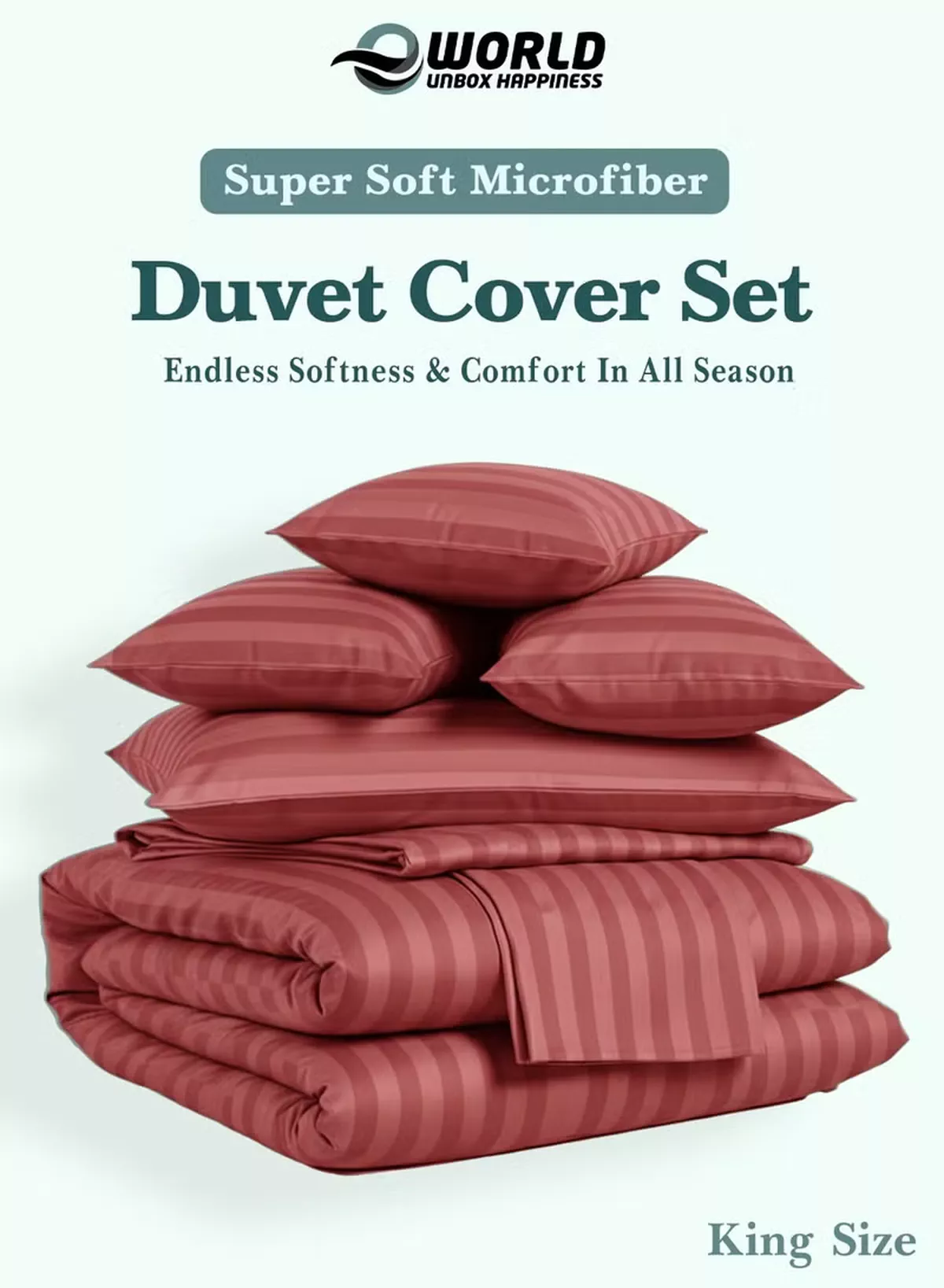 Eworld Premium Striped Duvet Set All Season – 6-Pieces Set Dusty Rose | King Size 220x240 cm | Ultra-Soft, Wrinkle-Resistant & Made in Dubai | Includes Duvet Cover, Fitted Sheet (200x200 cm) & 4 Pillowcases (50x70 cm)-2-2