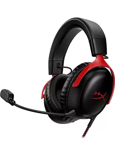 HyperX Cloud III Wired Gaming Headset, For PC / PS5 / PS4 / Xbox Series, Angled 53mm Drivers, Noise Cancelling, With LED Mic Mute Indicator, 10Hz-21kHz Frequency Response, Black/Red | 727A9AA-0