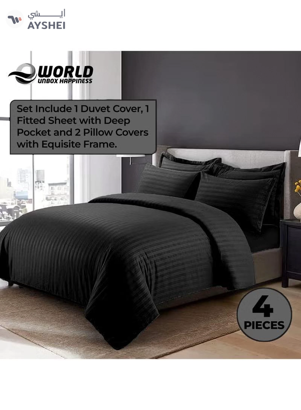 Eworld 4-Piece Luxury King Size Black Striped Bedding Set-4-4