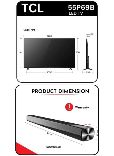 TCL 55-Inch P69B 4K UHD TV & Soundbar Bundle – HDR10, Dolby Audio, T-SCREEN, Google TV | Immersive 2-Channel Sound, USB, HDMI, Bluetooth & More 55P69B+SOUNDBAR black-1