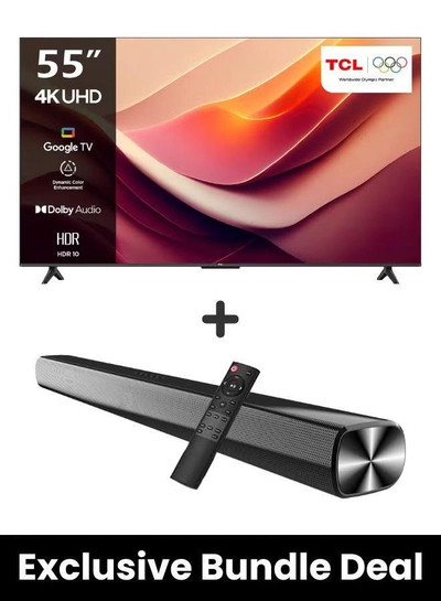 TCL 55-Inch P69B 4K UHD TV & Soundbar Bundle – HDR10, Dolby Audio, T-SCREEN, Google TV | Immersive 2-Channel Sound, USB, HDMI, Bluetooth & More 55P69B+SOUNDBAR black-0