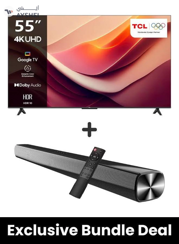 TCL 55-Inch P69B 4K UHD TV & Soundbar Bundle – HDR10, Dolby Audio, T-SCREEN, Google TV | Immersive 2-Channel Sound, USB, HDMI, Bluetooth & More 55P69B+SOUNDBAR black