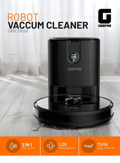 GEEPAS 2 In 1 Wet & Dry Robot Vacuum Cleaner | LDS Navigation, TUYA App Control | 4 Cleaning Modes 2600 mAh Battery & Auto Recharge | 4 Anti Drop Sensors, Remote Control, Brushless Motor | GRVC19058 19 W GRVC19058 black-0
