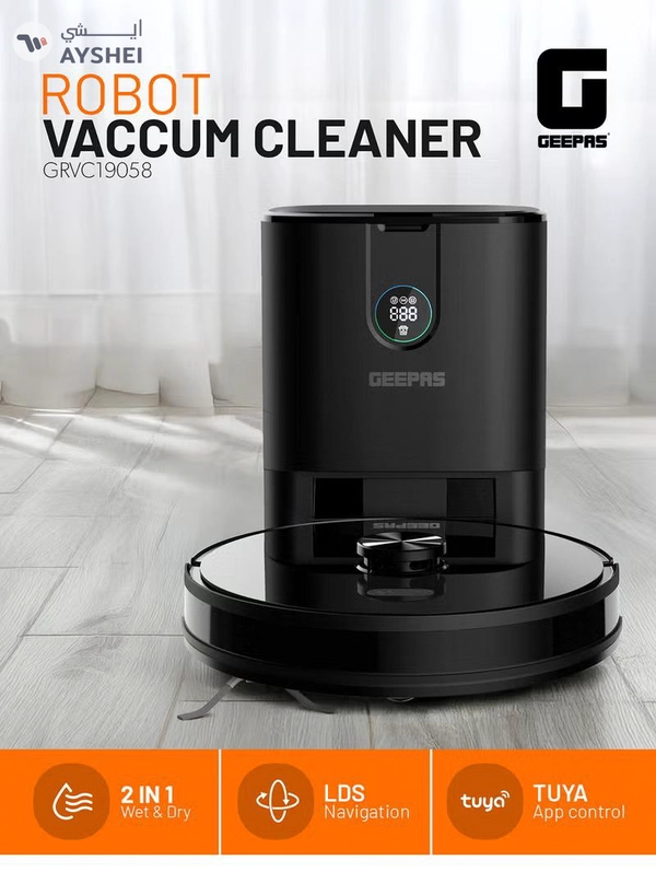 GEEPAS 2 In 1 Wet & Dry Robot Vacuum Cleaner | LDS Navigation, TUYA App Control | 4 Cleaning Modes 2600 mAh Battery & Auto Recharge | 4 Anti Drop Sensors, Remote Control, Brushless Motor | GRVC19058 19 W GRVC19058 black