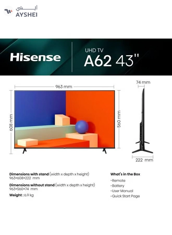 Hisense 4K UHD Smart Television 43 Inch 2023 Model 43A62KS Black