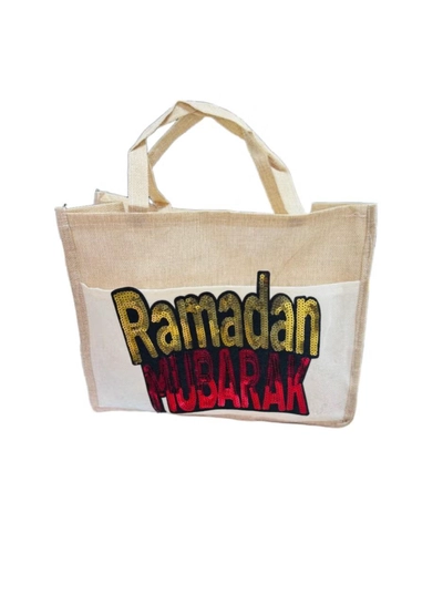 Generic Ramadan Mubarak Design Printed Jute Bag -Eco-Friendly, Durable Tote for Ramadan Gifts, Shopping, and Decorations - Reusable Printed Jute Bag - Strong and Stylish Storage Bag-0