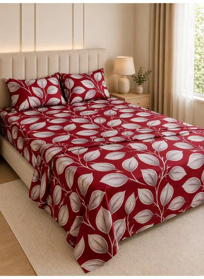 4-Piece Printed Cotton Bedsheet Set, Festive Red Honeycomb Leaf Design, 100% Cotton, 125 GSM, 1 Fitted Sheet + 1 Flat Sheet + 2 Pillowcases – Available in Single and King Sizes-0