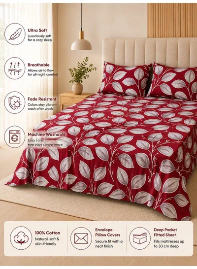 4-Piece Printed Cotton Bedsheet Set, Festive Red Honeycomb Leaf Design, 100% Cotton, 125 GSM, 1 Fitted Sheet + 1 Flat Sheet + 2 Pillowcases – Available in Single and King Sizes-1