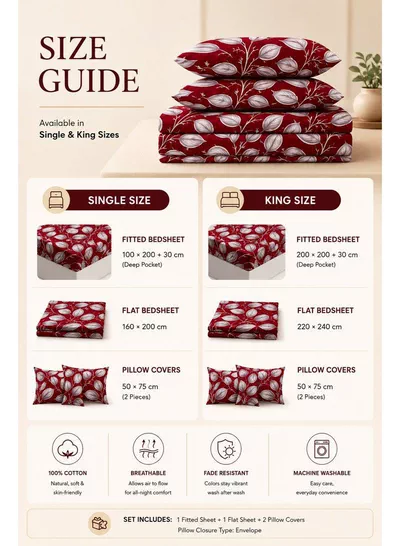 4-Piece Printed Cotton Bedsheet Set, Festive Red Honeycomb Leaf Design, 100% Cotton, 125 GSM, 1 Fitted Sheet + 1 Flat Sheet + 2 Pillowcases – Available in Single and King Sizes-2