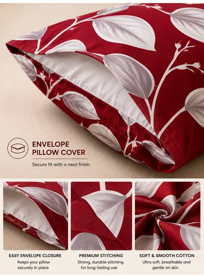 4-Piece Printed Cotton Bedsheet Set, Festive Red Honeycomb Leaf Design, 100% Cotton, 125 GSM, 1 Fitted Sheet + 1 Flat Sheet + 2 Pillowcases – Available in Single and King Sizes-3