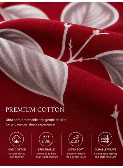 4-Piece Printed Cotton Bedsheet Set, Festive Red Honeycomb Leaf Design, 100% Cotton, 125 GSM, 1 Fitted Sheet + 1 Flat Sheet + 2 Pillowcases – Available in Single and King Sizes-5