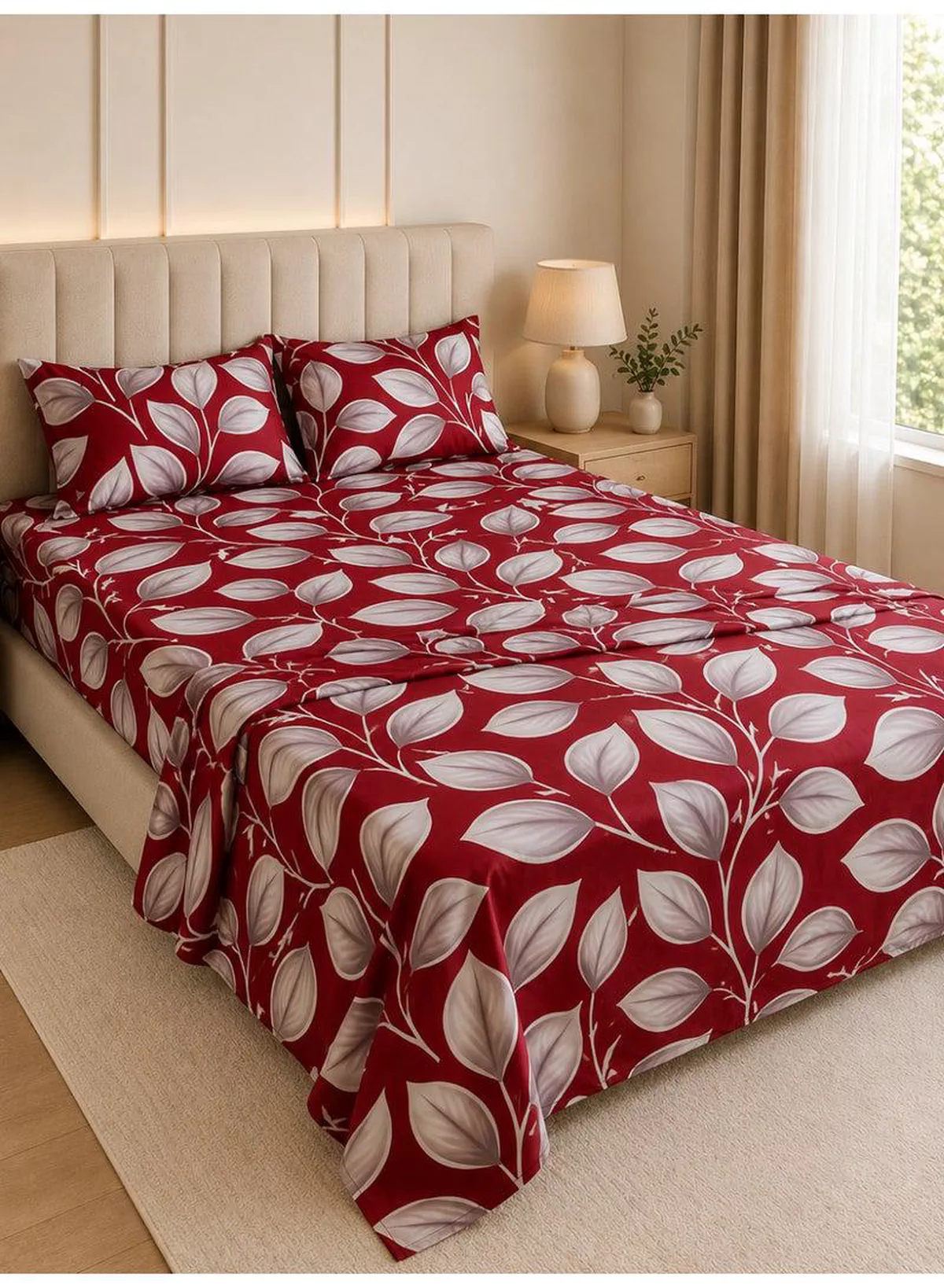 4-Piece Printed Cotton Bedsheet Set, Festive Red Honeycomb Leaf Design, 100% Cotton, 125 GSM, 1 Fitted Sheet + 1 Flat Sheet + 2 Pillowcases – Available in Single and King Sizes