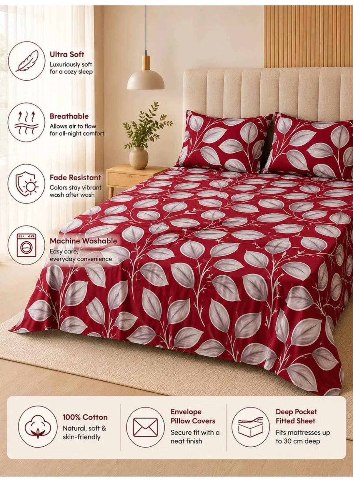 4-Piece Printed Cotton Bedsheet Set, Festive Red Honeycomb Leaf Design, 100% Cotton, 125 GSM, 1 Fitted Sheet + 1 Flat Sheet + 2 Pillowcases – Available in Single and King Sizes-1-1