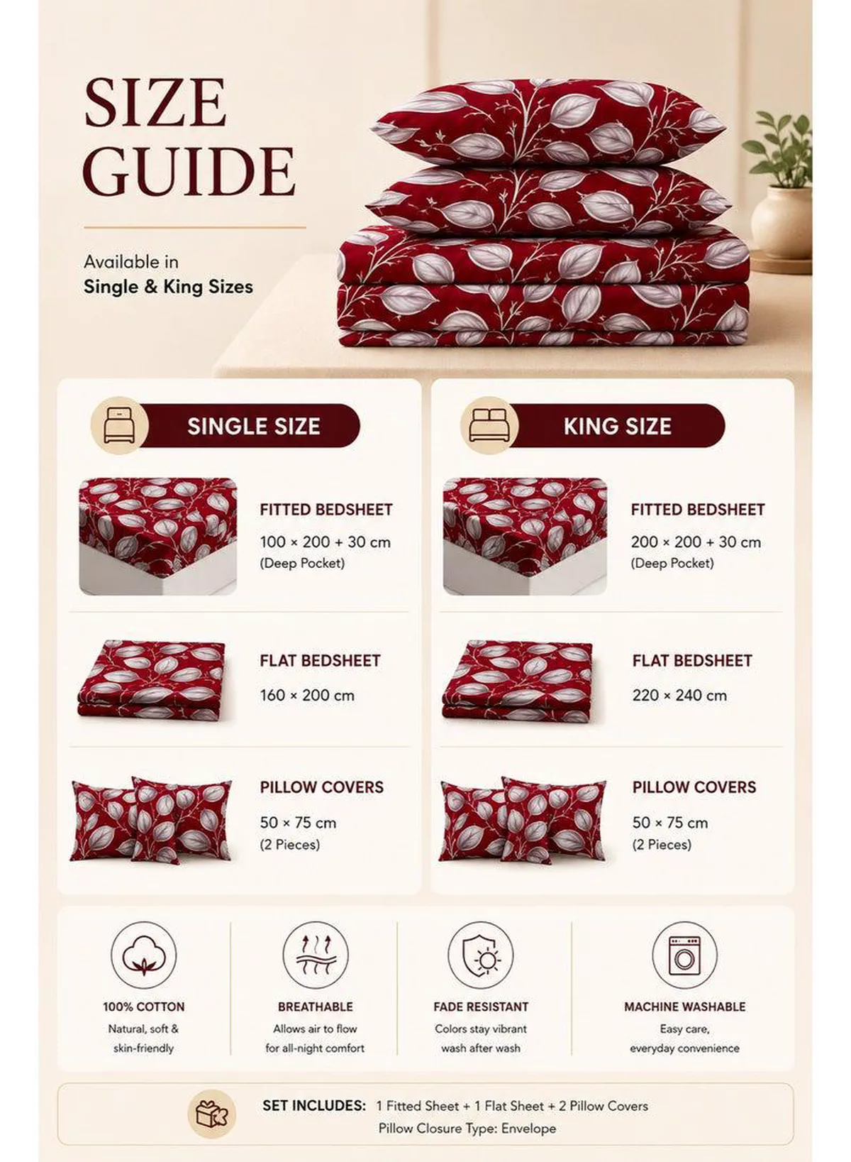 4-Piece Printed Cotton Bedsheet Set, Festive Red Honeycomb Leaf Design, 100% Cotton, 125 GSM, 1 Fitted Sheet + 1 Flat Sheet + 2 Pillowcases – Available in Single and King Sizes-2-2