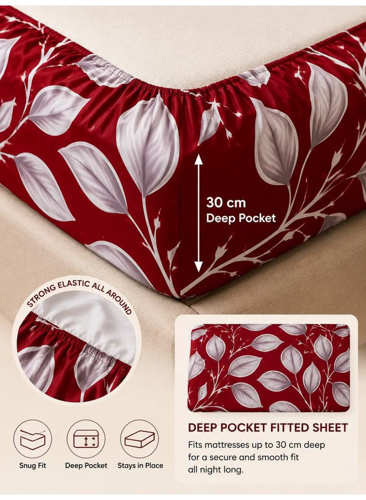 4-Piece Printed Cotton Bedsheet Set, Festive Red Honeycomb Leaf Design, 100% Cotton, 125 GSM, 1 Fitted Sheet + 1 Flat Sheet + 2 Pillowcases – Available in Single and King Sizes-4-4