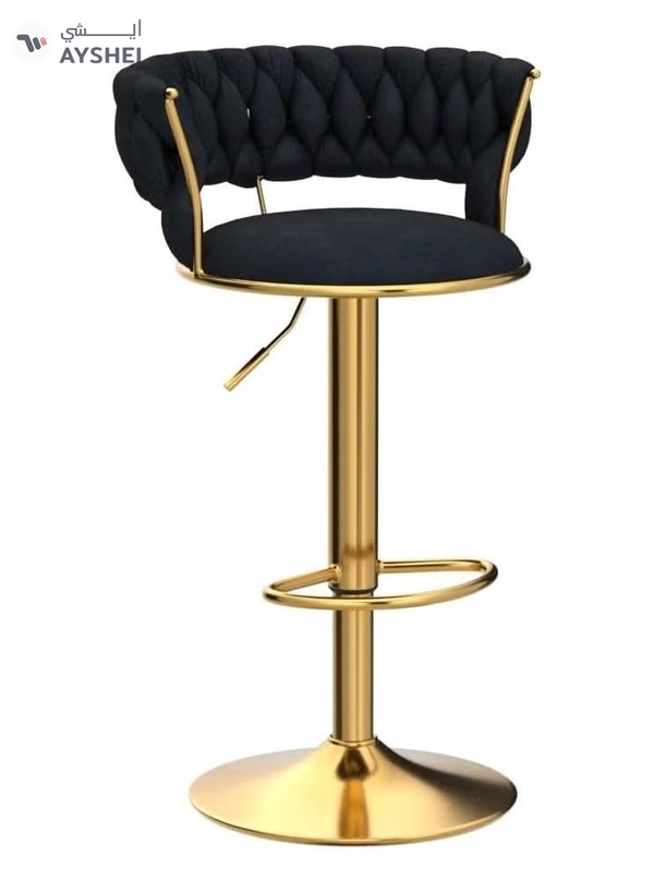 DubaiGallery Velvet Swivel Golden Bar Chair Adjustable 360" Rotating Gold Metal High Stool With Backrest For Cafes And Bars
