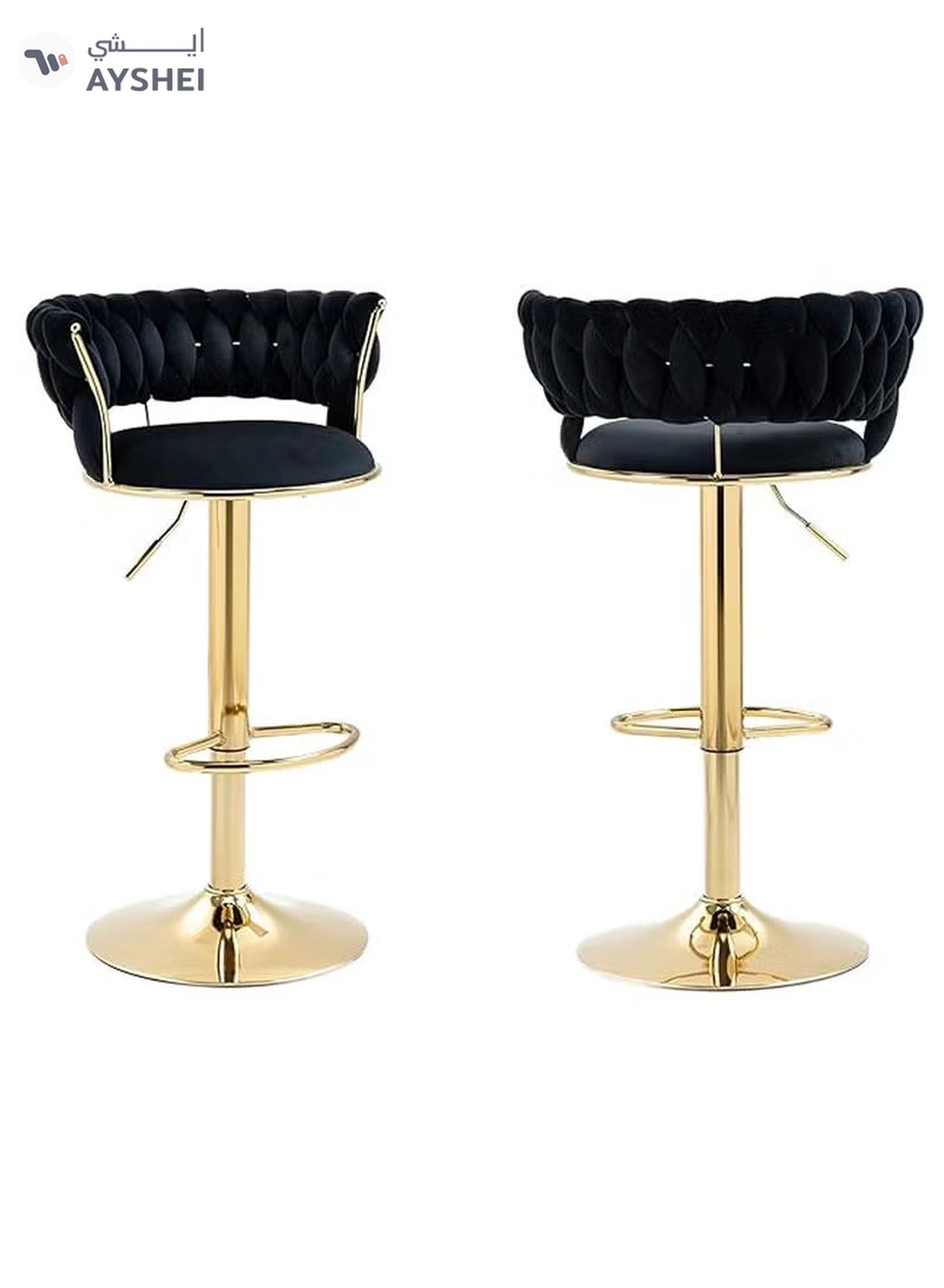 DubaiGallery Velvet Swivel Golden Bar Chair Adjustable 360" Rotating Gold Metal High Stool With Backrest For Cafes And Bars-1-1